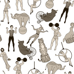 Seamless pattern vintage circus theme, performers and animals