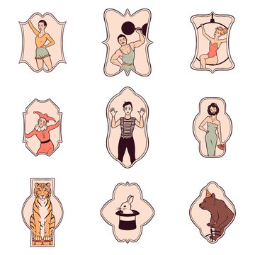 Set of vintage circus characters in decorative frames