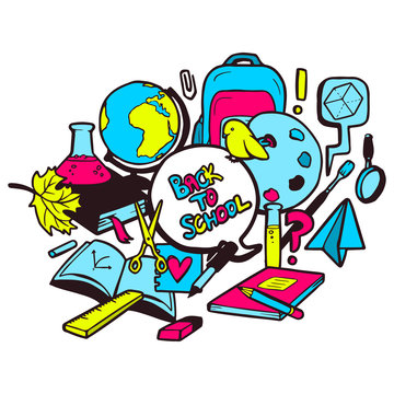 Back to school colorful illustration with various hand drawn school elements