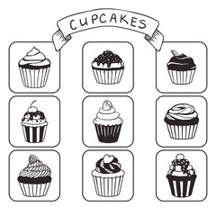 Set of hand drawn vector cupcakes