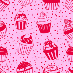 Seamless pattern with sweet cupcakes. Vector seamless texture for wallpapers, pattern fills, web page backgrounds