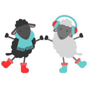 Two cute sheep in winter clothes