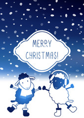 Cute Christmas card with two sheep, snow on blurred vector background