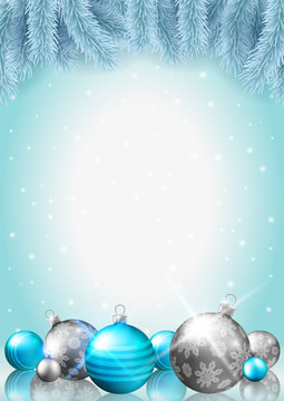 Christmas background, fir branches and baubles