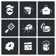 Vector Set of Disinfection Icons. Man, fly, apron, fly swatter, bug, trap, smoke, poison sprayer.