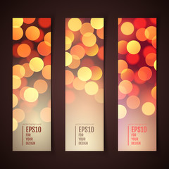Set of vector banners, realistic abstract background with blurred defocused colorful bokeh lights
