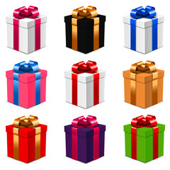 Set of vector gift boxes with bows in various colors isolated on white