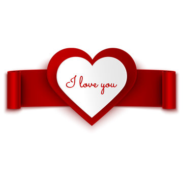 I love you message on heart and red ribbon banner isolated on white