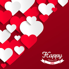 Valentine vector illustration, red and white paper hearts on red background, greeting card