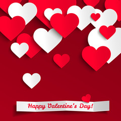 Valentine vector illustration, red and white paper hearts on red background, greeting card