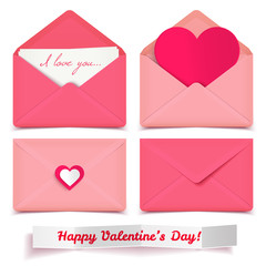 Set of four pink Valentine romantic vector envelopes isolated on white