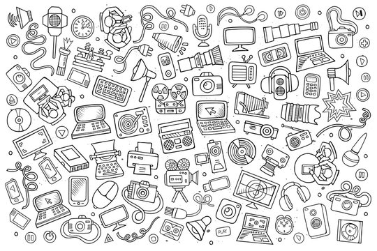 Sketchy vector hand drawn Doodle equipment and devices objects set
