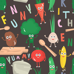 Seamless pattern with cartoon vegetables. Vector Illustration