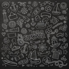 Marine nautical chalkboard hand drawn vector symbols and objects