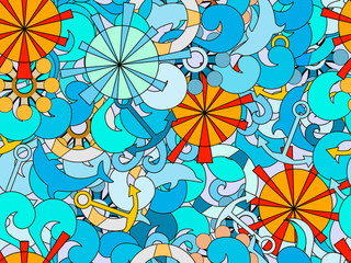 Seamless pattern on the marine theme.  Hand-drawn doodles waves and objects.