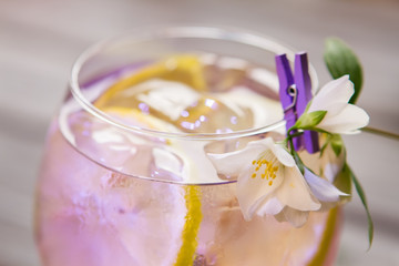 Cocktail decorated with white flower. Glass with transparent liquid. Special recipe of tom collins. Celebrate and have fun.