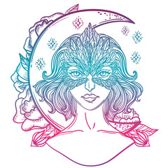 Vector illustration of girl with hawk mask and month. suitable for coloring book