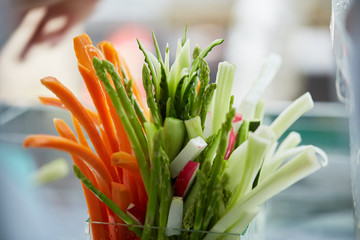 appetizer of fresh cucumbers, carrots, asparagus