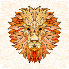 Detailed colored Lion in aztec style. Patterned head of the lion on isolated background. African indian totem tattoo design. Vector illustration. Eps10.