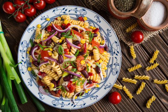 Mexican Pasta Salad With Red Bean, Corn, Tomato, Onion And Pepper