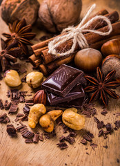 Chocolates background.Chocolate with nuts