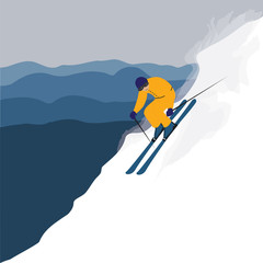 skier in a yellow ski suit descends from the mountain flat style art abstract creative modern vector illustration winter background