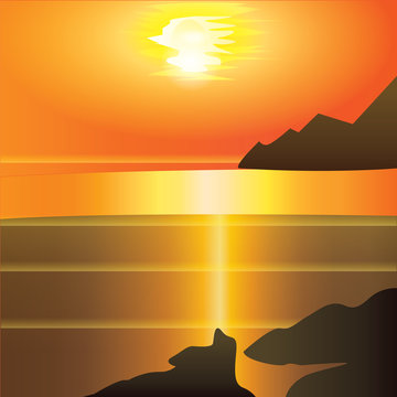 landscape sunset red - yellow background cliffs sea reflection Modern art creative vector illustration