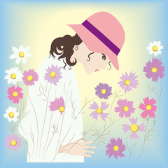 girl in the hat of daisies field flowers spring and summer background vector