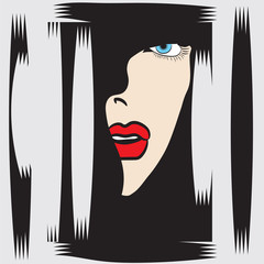 woman's face in profile blue eyes red lips abstract vector illustration isolated black - white background