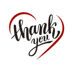 Thank you handwritten vector illustration, dark brush pen lettering with red heart isolated on white background