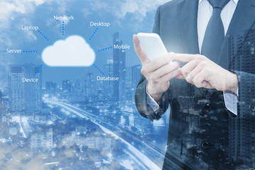 Professional businessman connecting cloud technology on hand in Technology, Communication and business concept