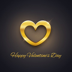 Happy Valentine's Day card, golden heart on dark background, vector illustration