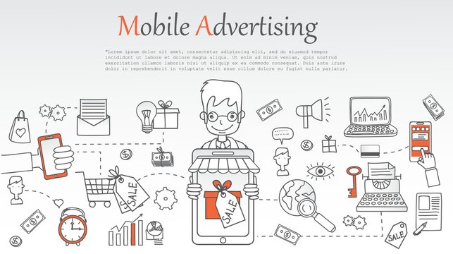 Mobile advertising banner. Doodle line design of web banner templates with outline icons. Vector illustration concept for website or infographics