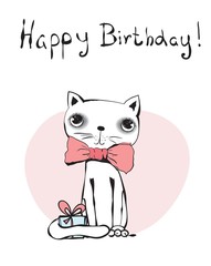 Cute hipster cat with a gift. Happy Birthday card