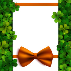 Saint Patrick's Day vector background with shamrock leaves, orange bow and banner for your message