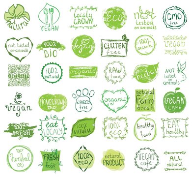 Cruelty free, not tested on animals, eat local, healthy food, eco, organic bio, gluten free, vegetarian, vegan labels. Blurred rural background. Vector restaurant menu logo, badges templates