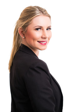 attraktive blonde Geschäftsfrau vor weißem Hintergrund 