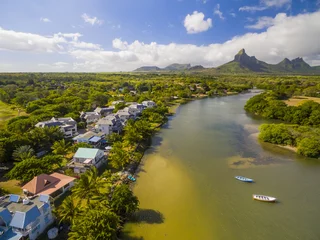Zelfklevend Fotobehang Top down aerial view of Black River Tamarin - Mauritius beach. Curepipe Black River Gorge National Park in background © softfocusphoto