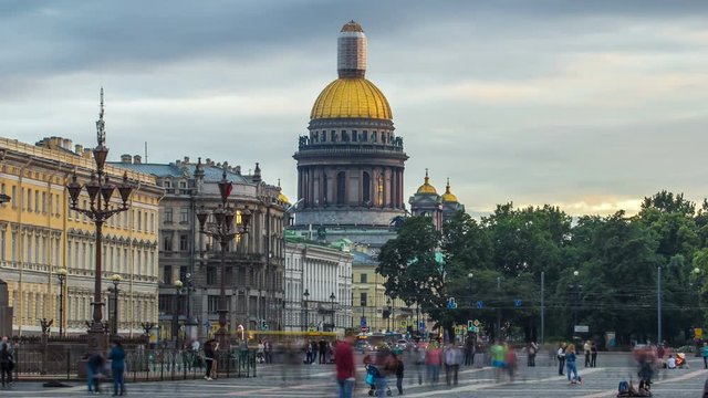 Saint Isaac's cathedral from the Palace square timelapse hyperlapse in Saint Petersburg, Russia.