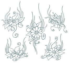 Vector hand drawn sketch chamomile illustrations set.  Lineart f