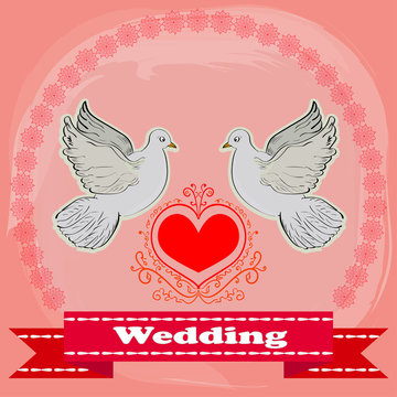 Two white doves on a red heart background. Vector illustration