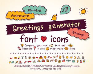 Greetings doodles set hand drawn script and icons.