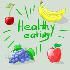 Healthy eating. Set of colorful cartoon fruits. Vector illustrat