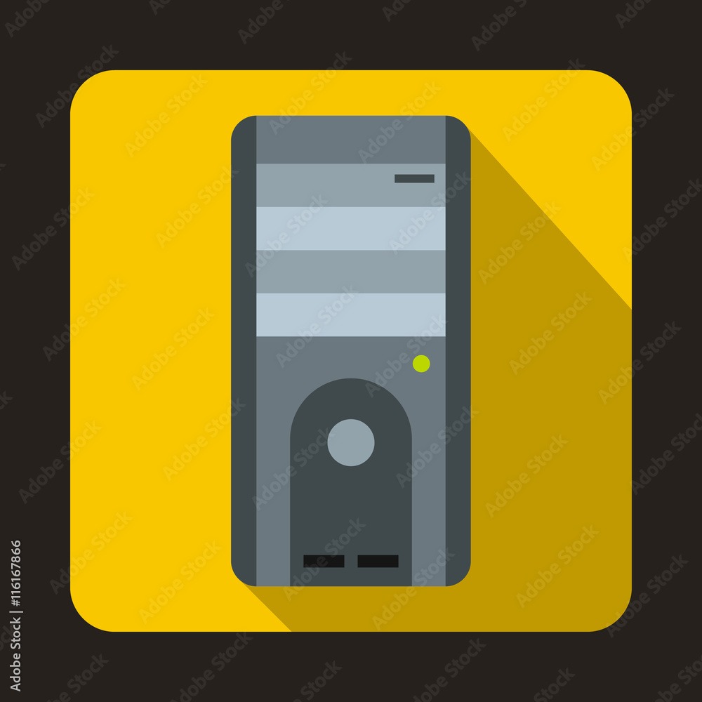 Poster computer system unit icon in flat style on a yellow background