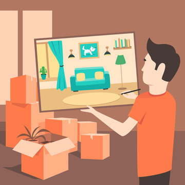The artist draws an apartment before the move. Flat illustration