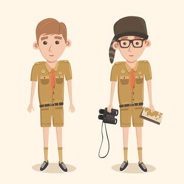 Boyscout With Binoculars. Smart Boy Training To Scout.