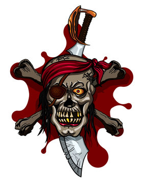 Pirate Skull in Red Headband with Cross Swords