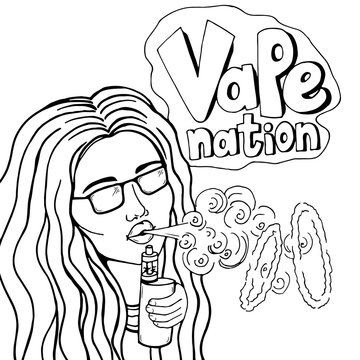 Line art woman smoke electronic cigarette and doing vape tricks, vector black and white comics sketch style illustration. Vape nation.