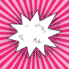 Comic speech bubble pop-art sketch on pink background. Vector funny comic book explosion balloon.