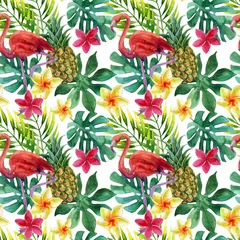 Deurstickers Tropical watercolor pineapple, flowers and leaves with shadows © Tanya Syrytsyna